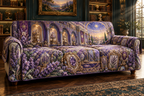 One sofa cover with a continuous lavender jubilee gallery, white blooms, brass coordinate rings, sapphire grids and a deep city vista.