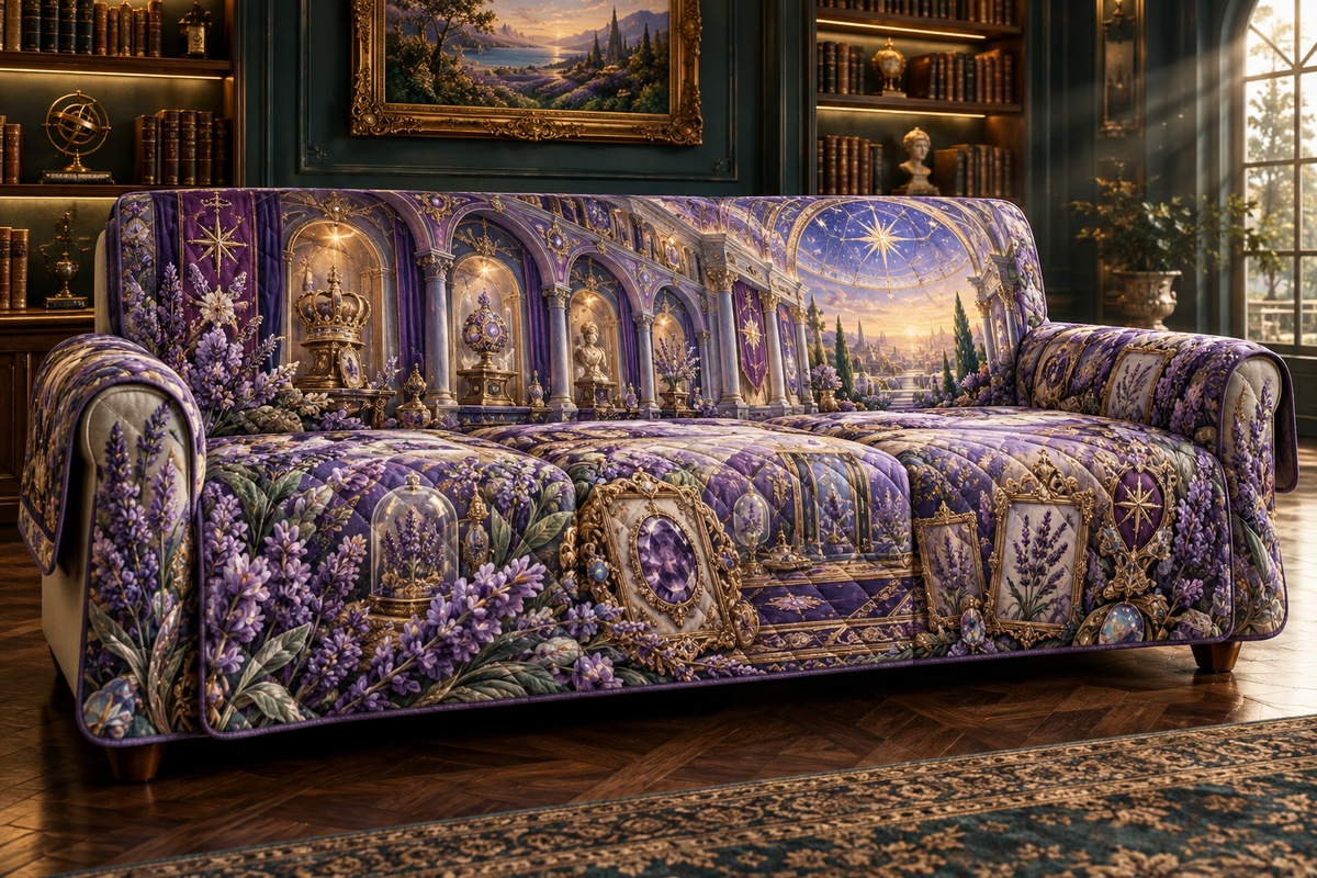 One sofa cover with a continuous lavender jubilee gallery, white blooms, brass coordinate rings, sapphire grids and a deep city vista.