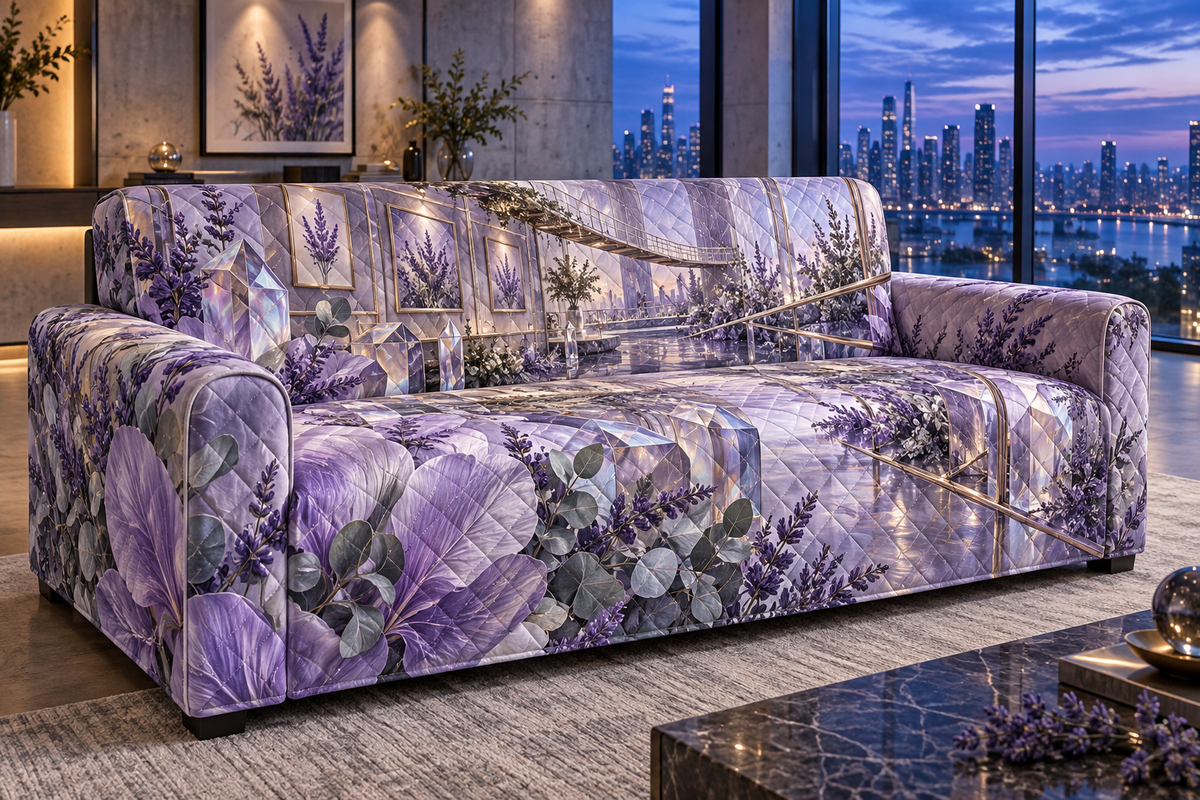 One sofa cover with a continuous lavender prism loft gallery, white blooms, brass coordinate rings, sapphire grids and a deep city vista.