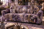 One sofa cover with a continuous lavender artisan atelier, white blooms, brass coordinate rings, sapphire grids and a deep city vista.