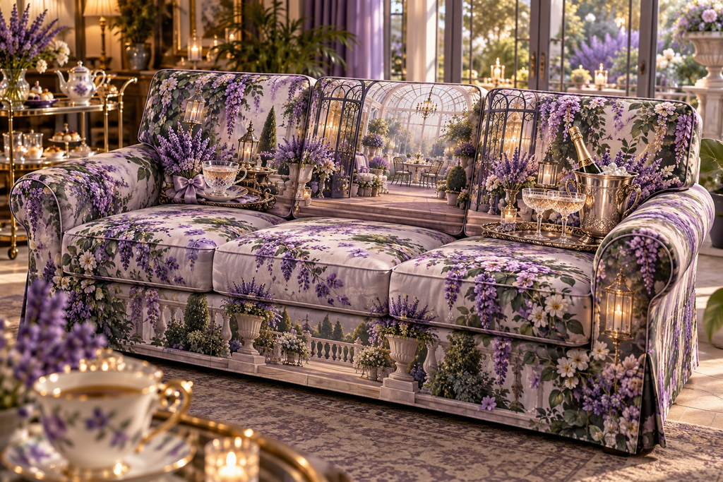One sofa cover with a continuous lavender welcome conservatory, white blooms, brass coordinate rings, sapphire grids and a deep city vista.
