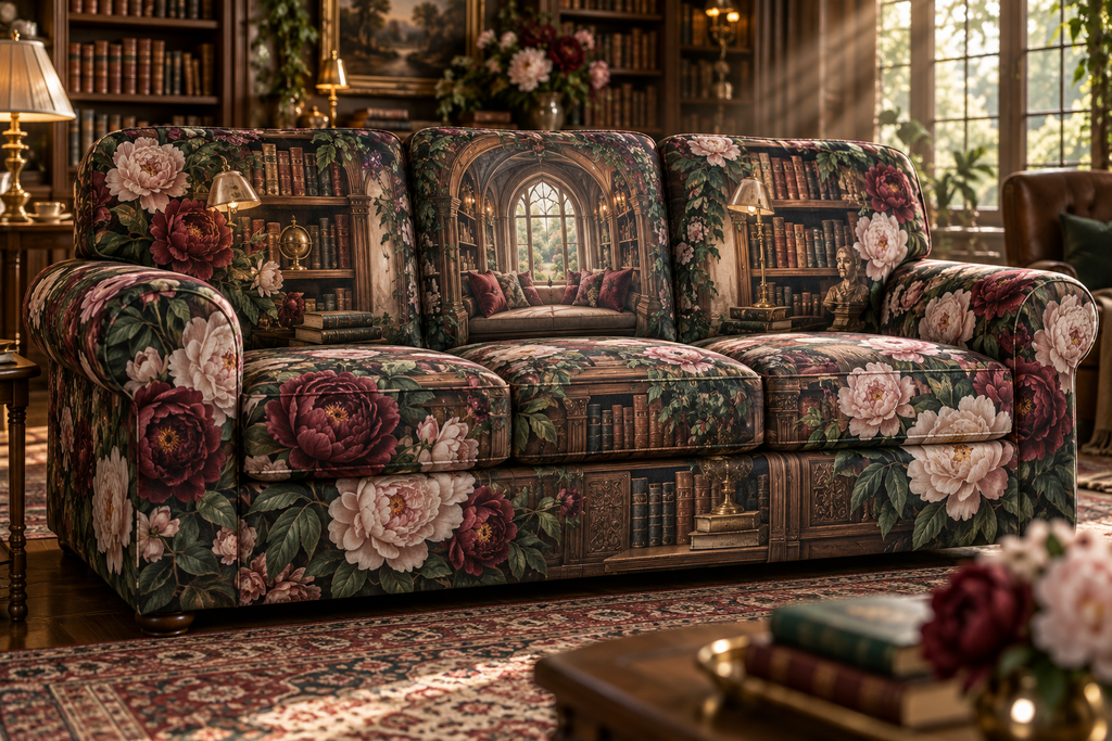 One sofa cover with a continuous peony storybook alcove, white blooms, brass coordinate rings, sapphire grids and a deep city vista.