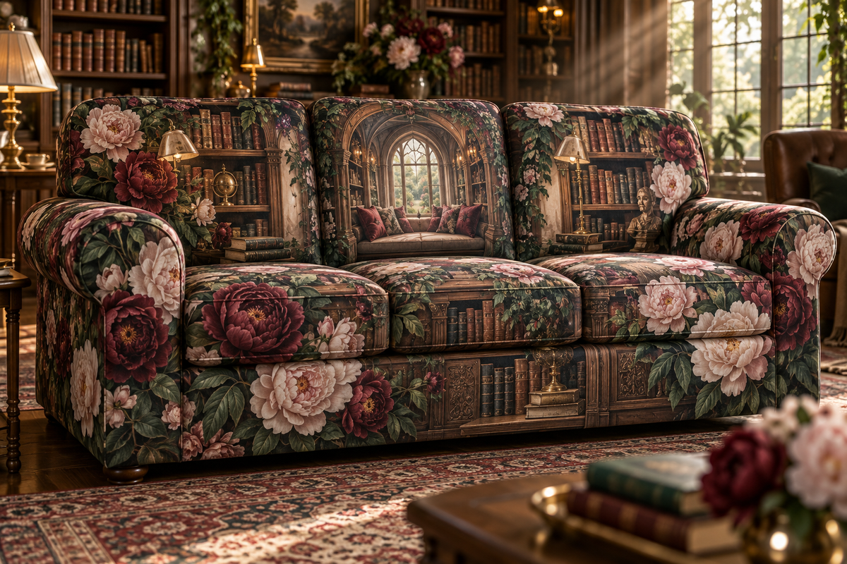 One sofa cover with a continuous peony storybook alcove, white blooms, brass coordinate rings, sapphire grids and a deep city vista.