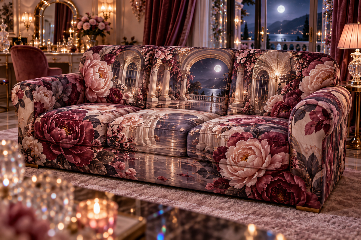 One sofa cover with a continuous peony celestial boudoir, white blooms, brass coordinate rings, sapphire grids and a deep city vista.