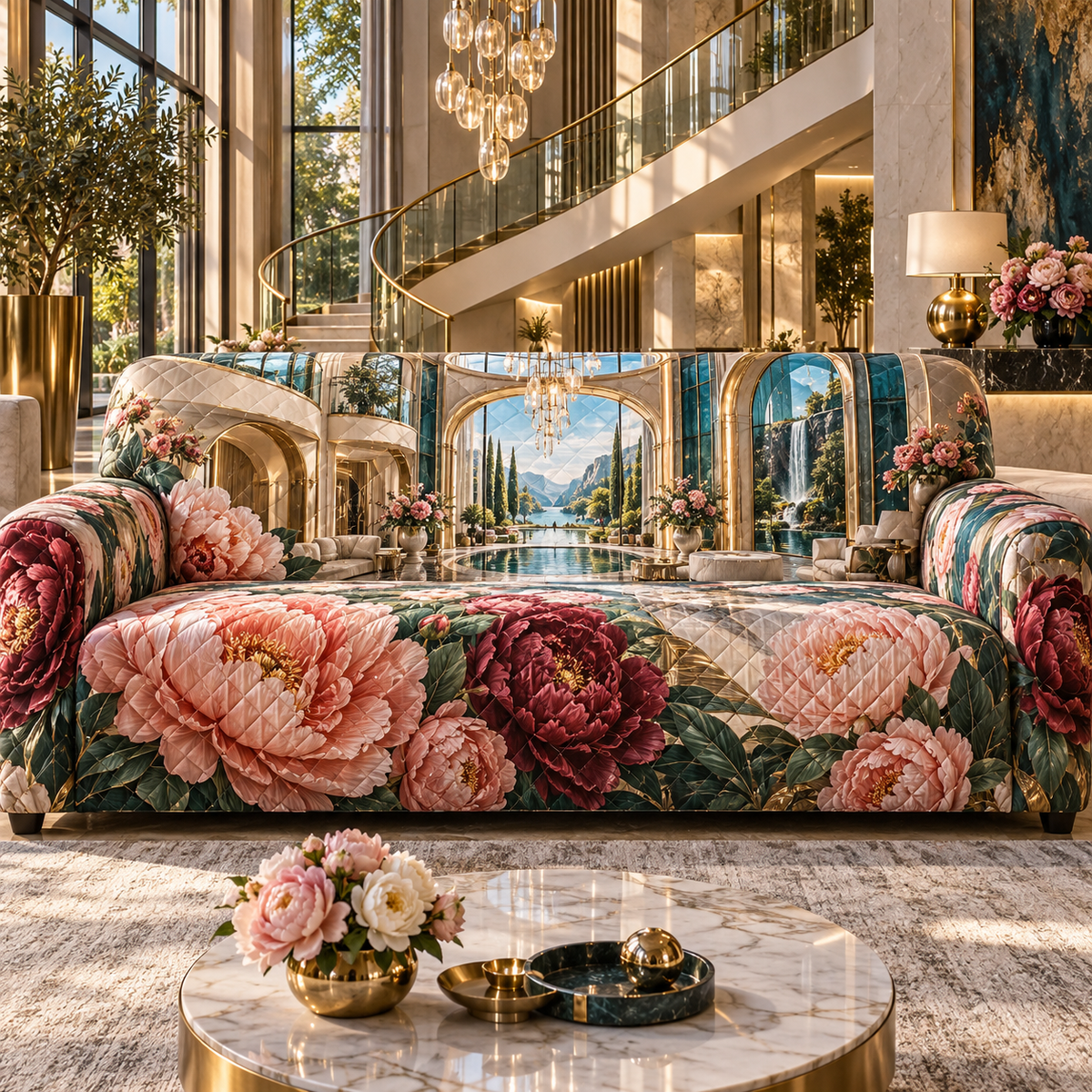 One sofa cover with a continuous peony grand salon, coral and wine peonies, champagne portals, smoky teal glass and a deep sunlit salon vista.