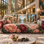 One sofa cover with a continuous peony grand salon, coral and wine peonies, champagne portals, smoky teal glass and a deep sunlit salon vista.