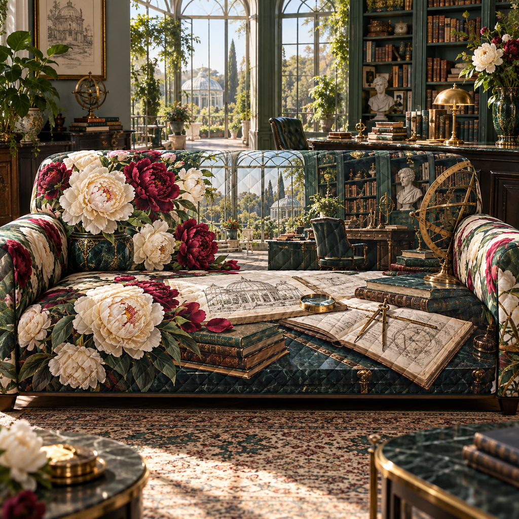 One sofa cover with a continuous peony architect observatory, ivory and burgundy peonies, aged-brass drafting arcs, emerald glass and a deep conservatory-library vista.