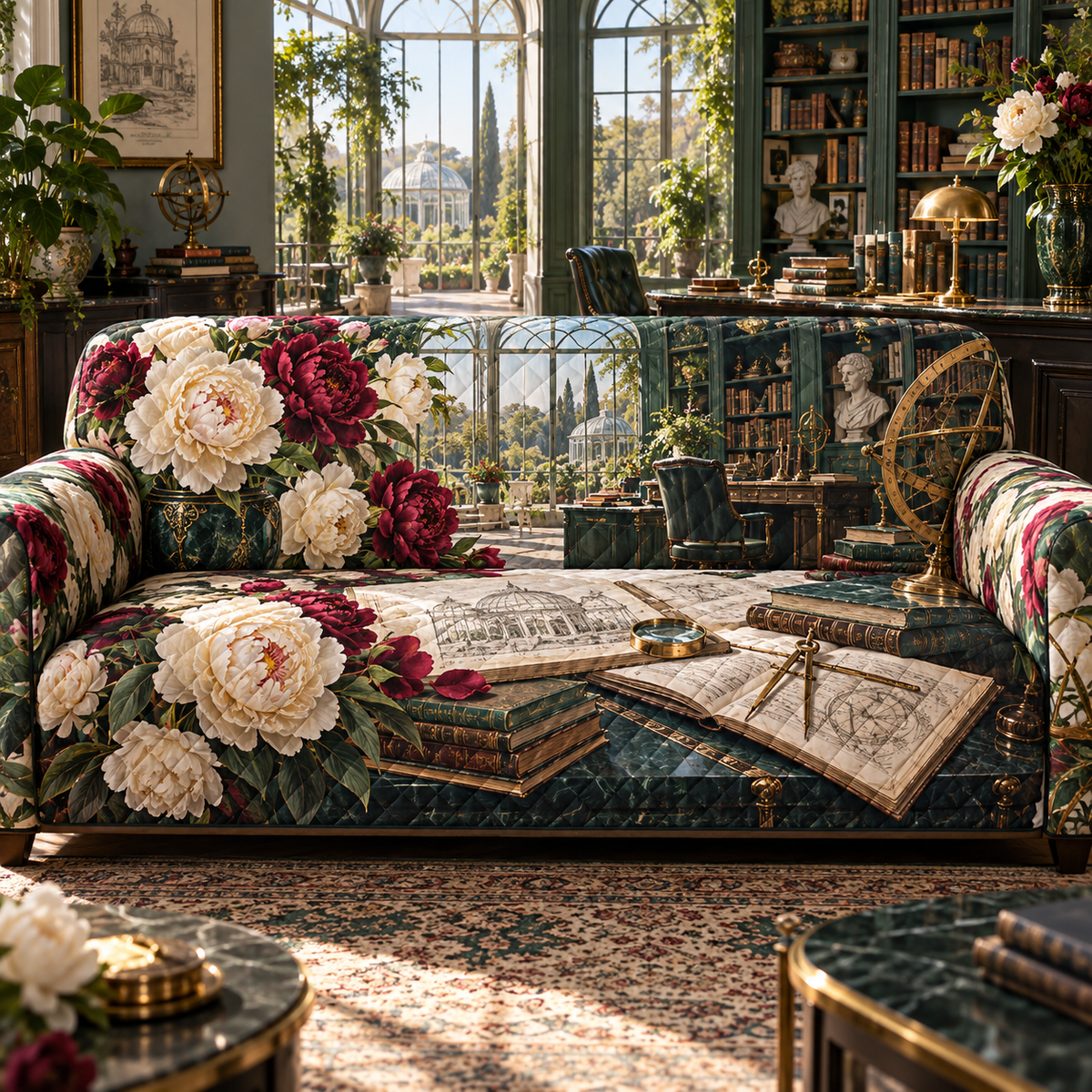 One sofa cover with a continuous peony architect observatory, ivory and burgundy peonies, aged-brass drafting arcs, emerald glass and a deep conservatory-library vista.