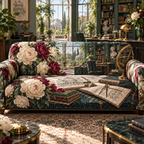 One sofa cover with a continuous peony architect observatory, ivory and burgundy peonies, aged-brass drafting arcs, emerald glass and a deep conservatory-library vista.