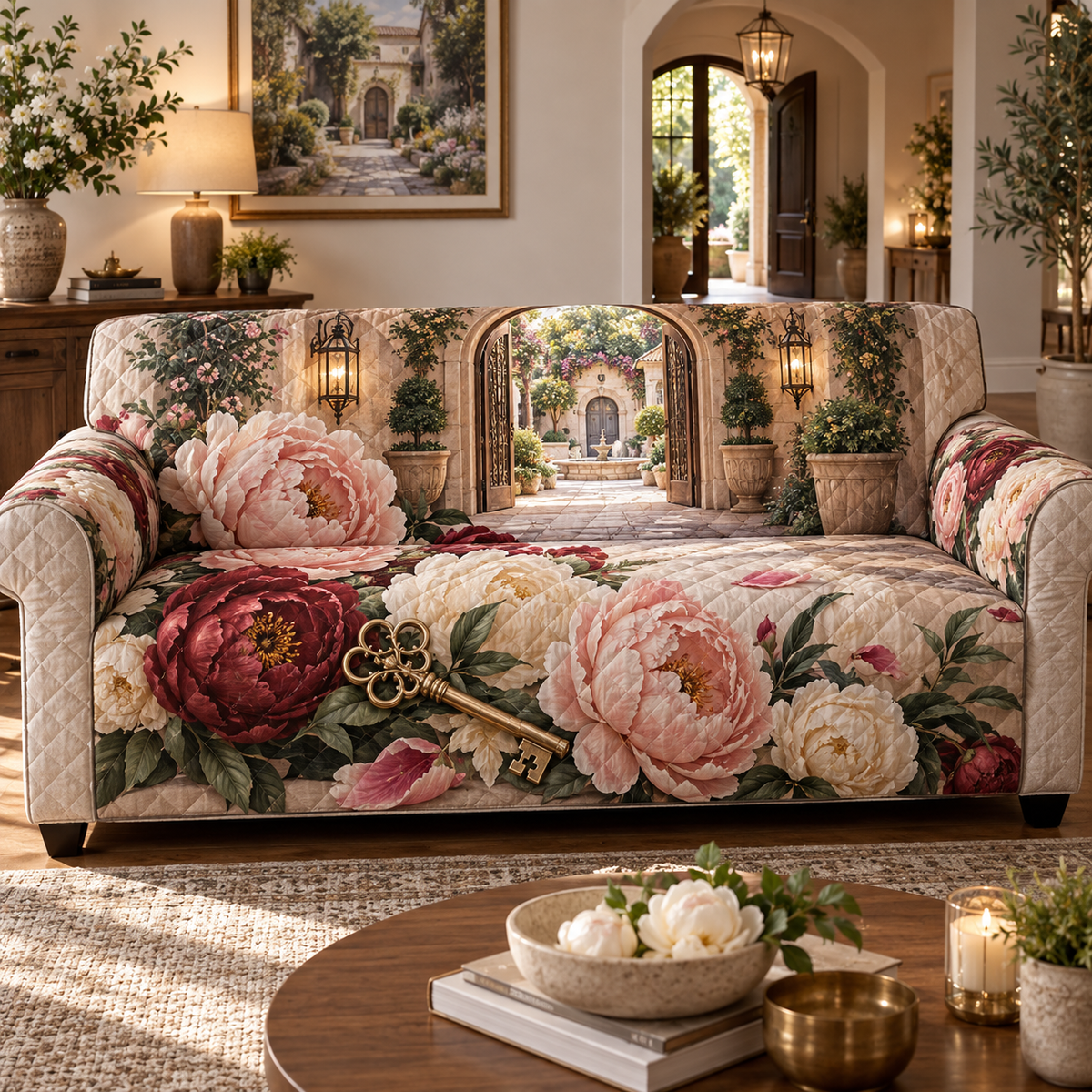 One sofa cover with a continuous peony welcome atrium, blush, ivory and garnet peonies, antique-brass keys, travertine arches and a deep lantern courtyard vista.