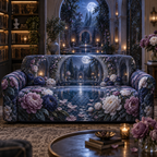 One sofa cover with a continuous peony moonwell sanctuary, indigo, mauve and moonstone peonies, silver arches, blue glass and a deep moonlit pool vista.