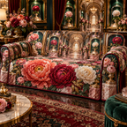 One sofa cover with a continuous peony curator jubilee gallery, ruby, coral, ivory and blush peonies, emerald niches, gold arches and a deep conservatory vista.