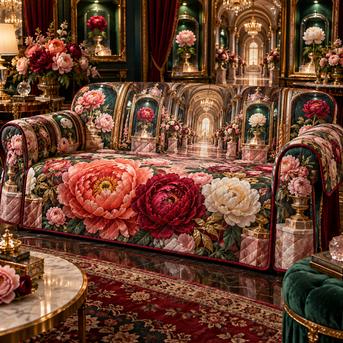 One sofa cover with a continuous peony curator jubilee gallery, ruby, coral, ivory and blush peonies, emerald niches, gold arches and a deep conservatory vista.