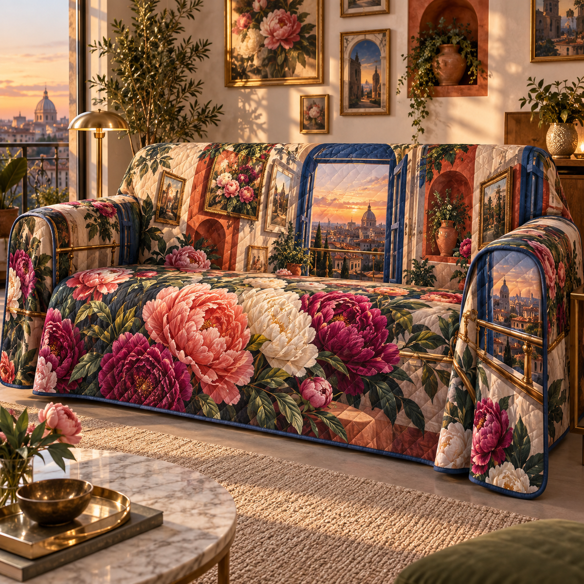 One sofa cover with a continuous peony floating loft fresco, magenta, coral and cream peonies, cobalt arches, terracotta niches and a deep rooftop vista.