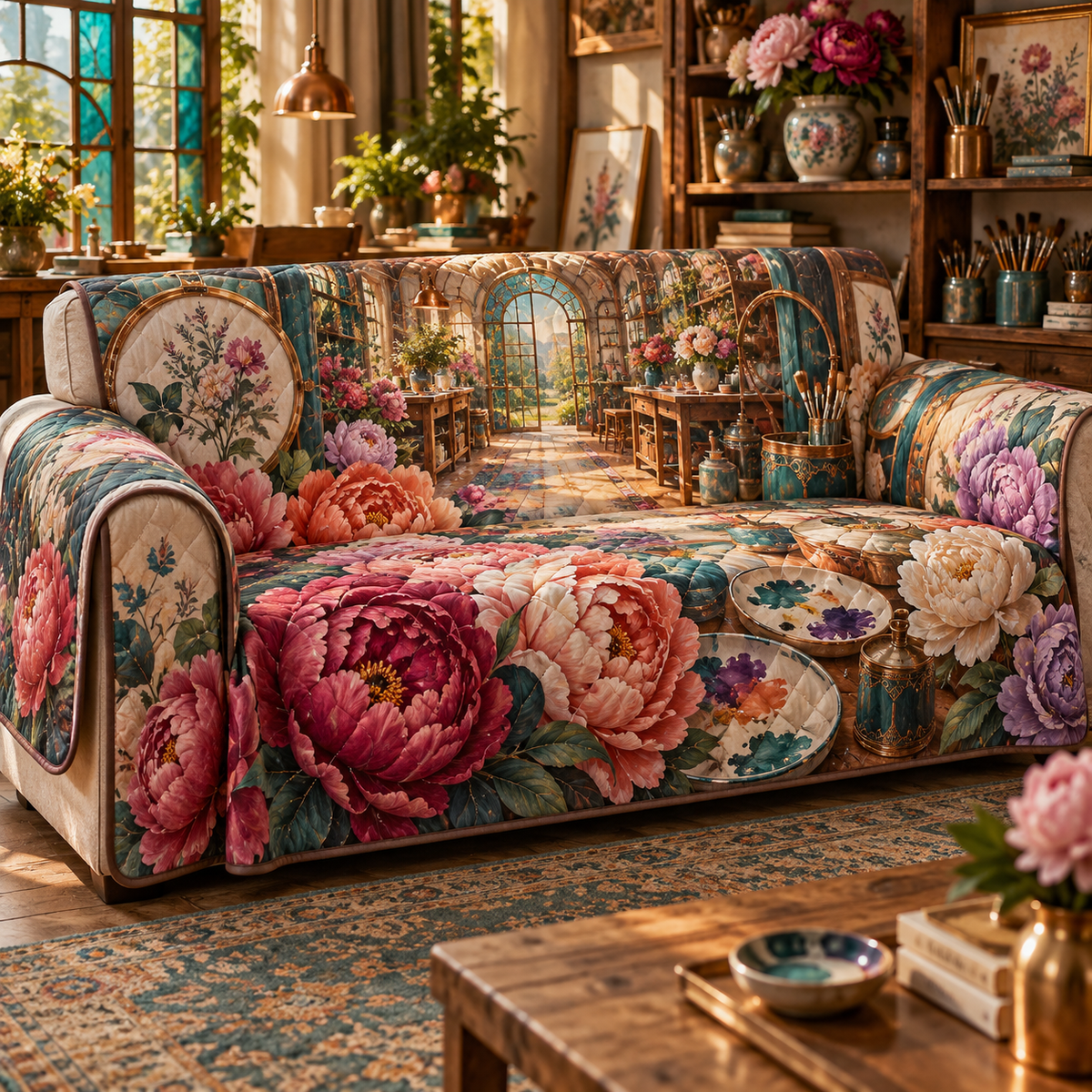 One sofa cover with a continuous peony artisan prism atelier, magenta, coral and cream peonies, cobalt arches, terracotta niches and a deep rooftop vista.