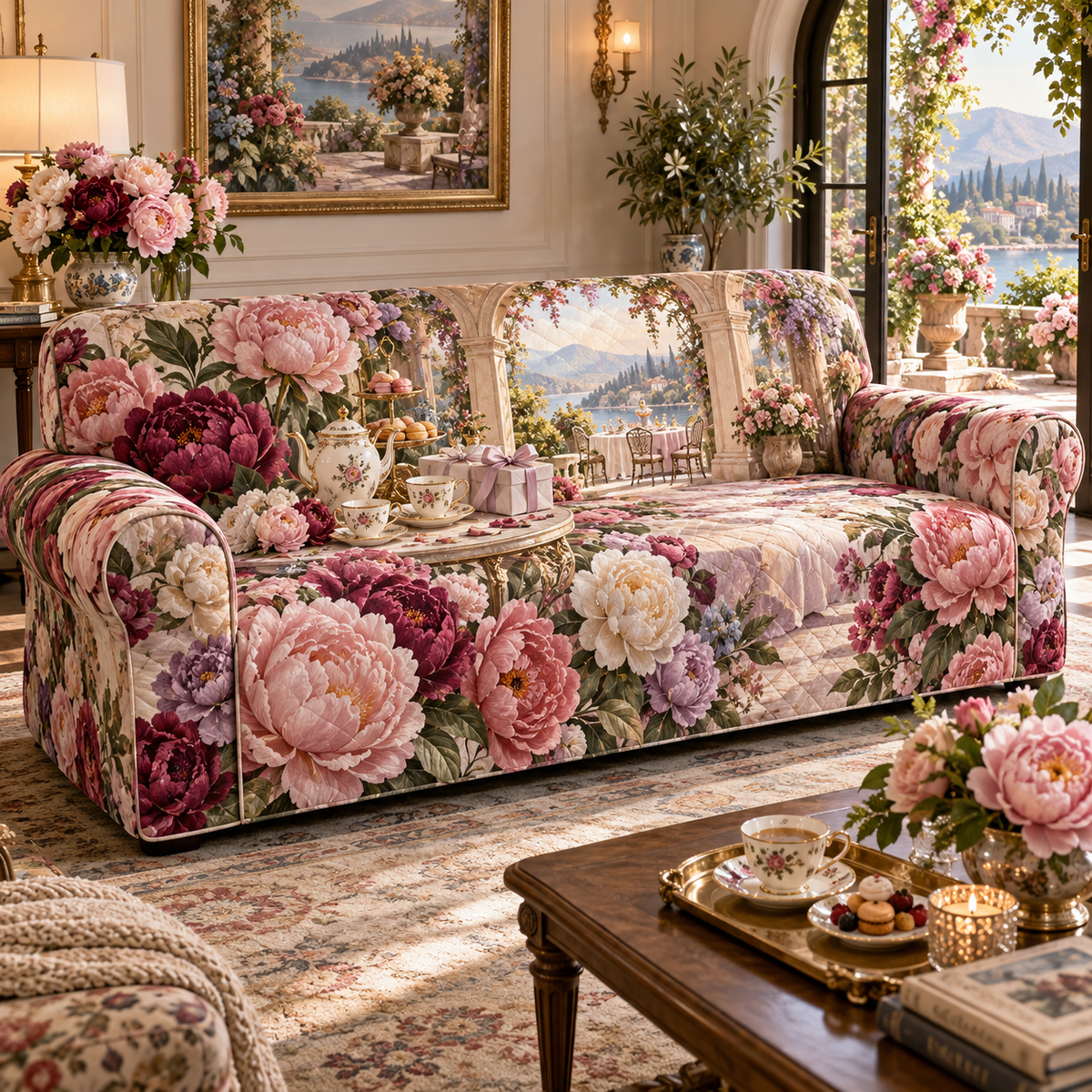 One sofa cover with a continuous peony gratitude conservatory, blush, raspberry, coral and ivory peonies, champagne-gold arches, tea service and a deep sunlit garden vista.