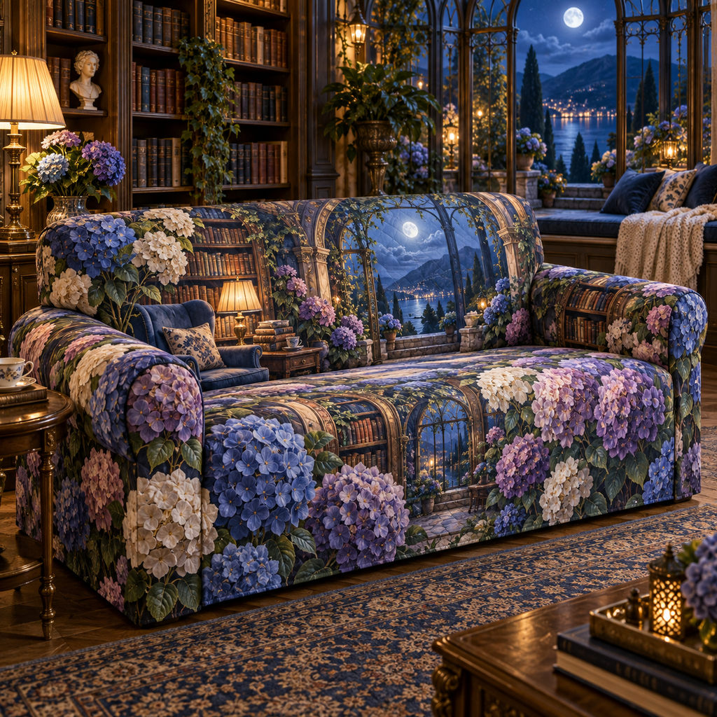 One sofa cover with a continuous moonlit hydrangea library, cobalt, periwinkle and ivory blooms, antique-brass shelves, warm reading lamps and a deep window-seat vista.
