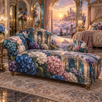 One sofa cover with a continuous hydrangea aurora boudoir, sapphire, teal, amethyst and pearl blooms, champagne arches and a deep sunrise canopy-bed vista.