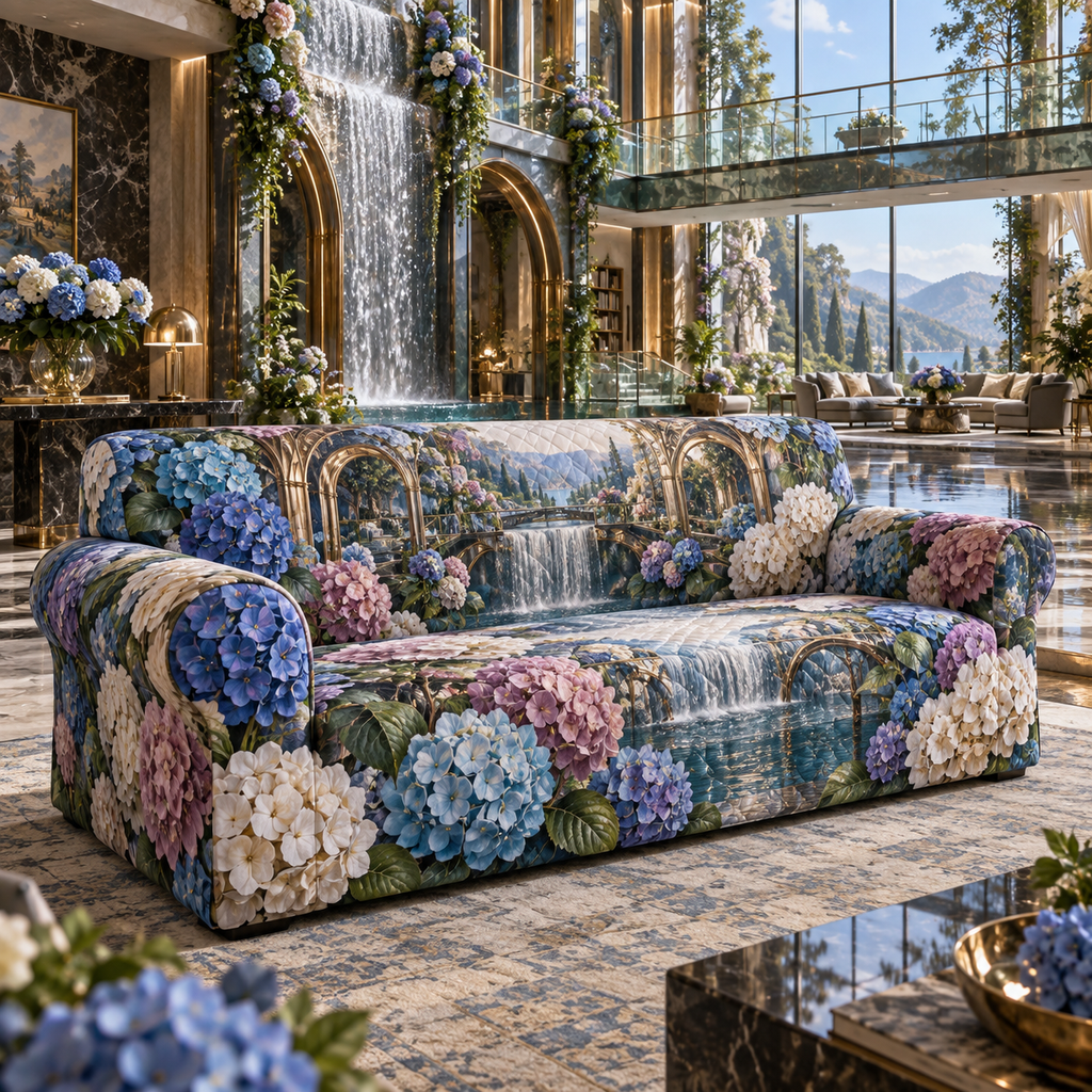 One sofa cover with a continuous hydrangea cascade atrium, cobalt, turquoise, violet and ivory blooms, bronze arches, waterfalls and a deep sunken salon.