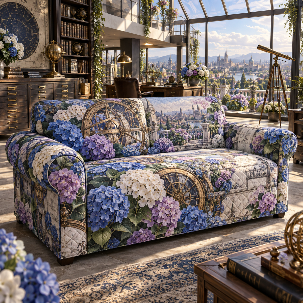 One sofa cover with a continuous hydrangea architect observatory, cobalt, cyan, violet and ivory blooms, brass drafting arcs, blueprints, telescopes and a deep city-garden view.