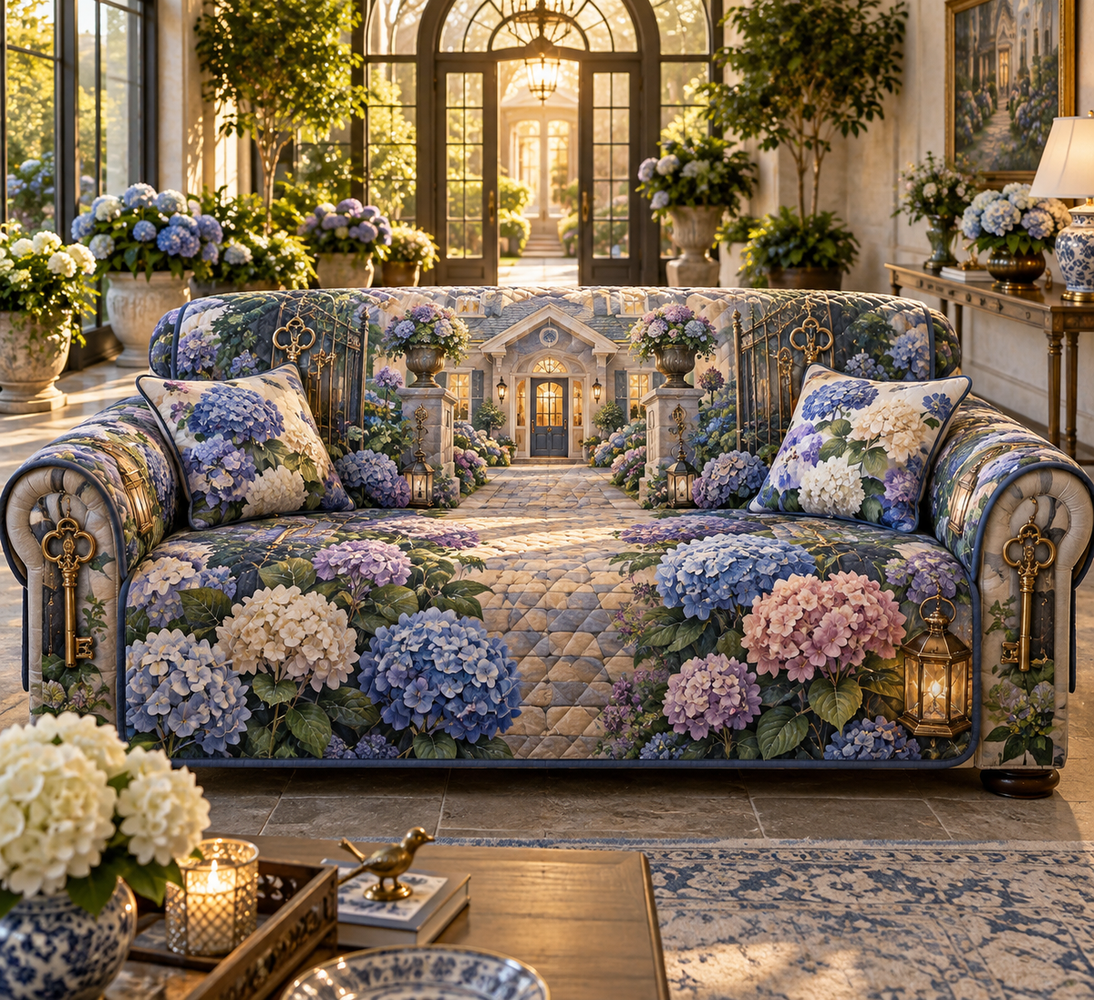 One sofa cover with a continuous hydrangea welcome manor, cobalt, periwinkle, lavender, blush and ivory blooms, brass keys, lanterns and a deep new-home entrance.