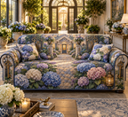 One sofa cover with a continuous hydrangea welcome manor, cobalt, periwinkle, lavender, blush and ivory blooms, brass keys, lanterns and a deep new-home entrance.