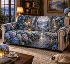 One sofa cover with a continuous moonlit hydrangea courtyard, indigo, mist-blue, pearl and dusty-lilac blooms, silver arches, lanterns, reflecting water and a secluded bench.