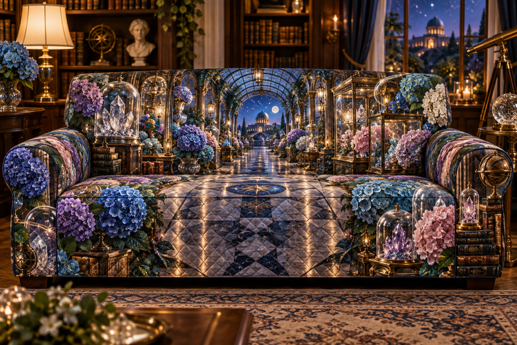 One sofa cover with a continuous hydrangea curio gallery, sapphire, amethyst, teal, blush and ivory blooms, crystals, brass vitrines, celestial globes and a distant observatory.