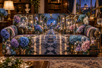 One sofa cover with a continuous hydrangea curio gallery, sapphire, amethyst, teal, blush and ivory blooms, crystals, brass vitrines, celestial globes and a distant observatory.