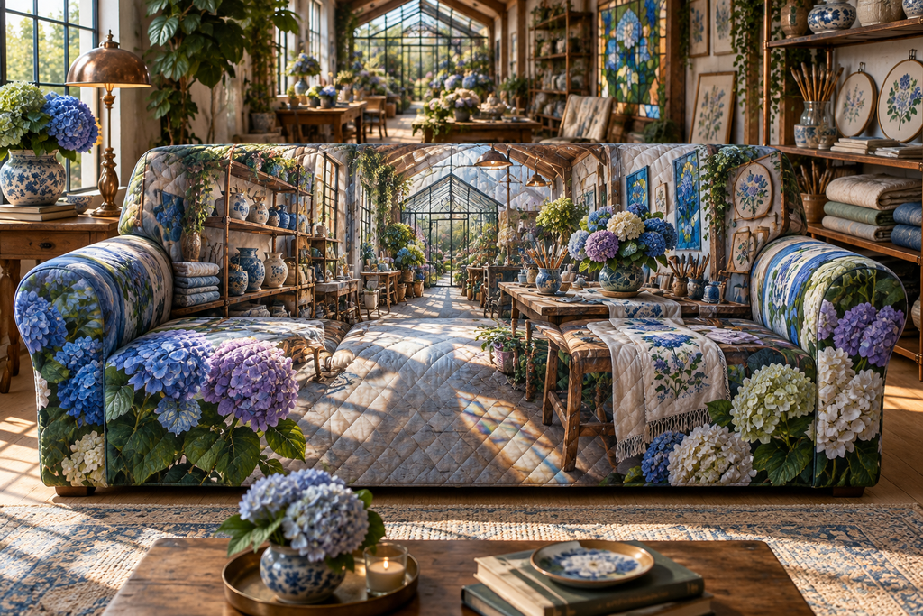 One sofa cover with a continuous hydrangea maker's lantern loft, cobalt, cornflower, violet, mint and ivory blooms, copper shelves, ceramic vessels, craft tools and a distant greenhouse workbench.
