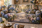 One sofa cover with a continuous gracious host conservatory, cobalt, cornflower, violet, blush and ivory hydrangeas, silver tea service, crystal, ribboned gifts and a glowing garden doorway.