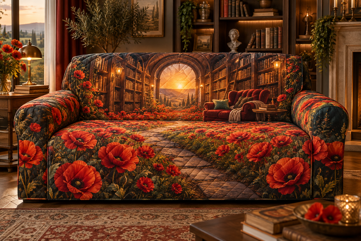 One sofa cover with a continuous poppy emberlight library alcove, scarlet, coral, apricot and cream blooms, curved walnut shelves, brass lamps and a distant sunset window seat.