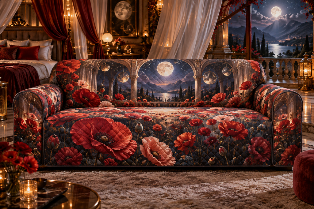 One sofa cover with a continuous poppy celestial canopy chamber, scarlet, coral, blush and ivory blooms, bronze arches, gauzy drapery, mirrored moons and a midnight meadow balcony.