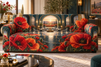 One sofa cover with a continuous poppy grand salon portal, ruby, vermilion, tangerine and ivory blooms, brass arches, dark teal glass, reflective floor and a distant meadow terrace.