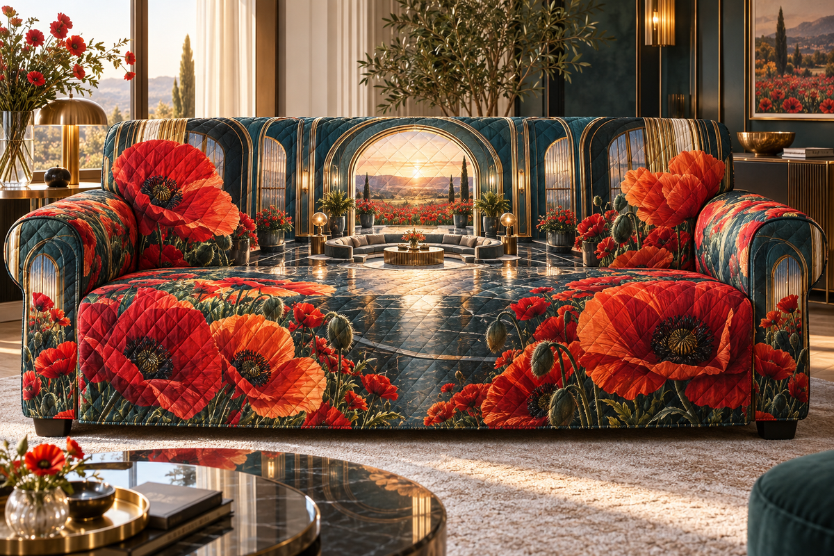 One sofa cover with a continuous poppy grand salon portal, ruby, vermilion, tangerine and ivory blooms, brass arches, dark teal glass, reflective floor and a distant meadow terrace.