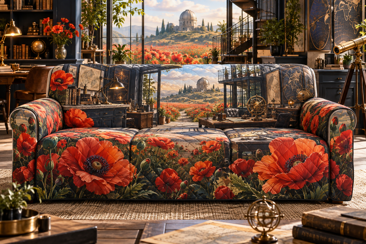 One sofa cover with a continuous poppy cartographer studio, scarlet, burnt-orange, blush and ivory blooms, brass map grids, midnight-blue cabinetry, a glass-roof mezzanine and a distant meadow observatory.