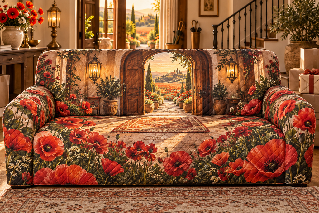 One sofa cover with a continuous poppy welcome house atrium, scarlet, burnt-orange, blush and ivory blooms, aged-brass keys, warm walnut doors, glowing lanterns, a garden path and a distant poppy meadow.