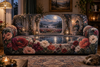One sofa cover with a continuous poppy moonwell alcove, scarlet, burnt-orange, blush and ivory blooms, carved-stone arches, antique silver lanterns, a reflecting moonwell and a misty twilight meadow.