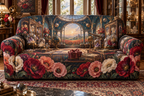 One sofa cover with a continuous poppy celestial curio vault, scarlet, burnt-orange, blush and ivory blooms, brass-and-glass vitrines, crystal specimens, celestial globes, a domed gallery and a distant poppy meadow.