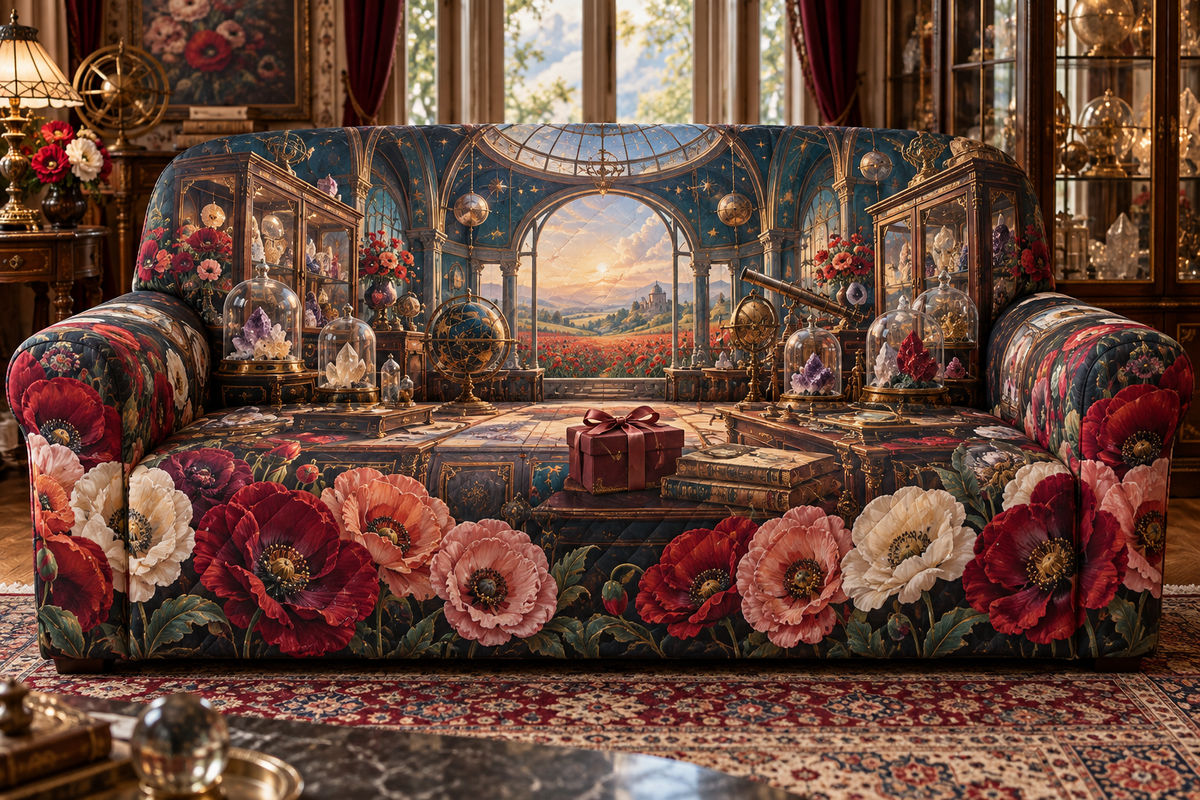 One sofa cover with a continuous poppy celestial curio vault, scarlet, burnt-orange, blush and ivory blooms, brass-and-glass vitrines, crystal specimens, celestial globes, a domed gallery and a distant poppy meadow.