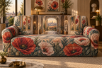 One sofa cover with a continuous poppy gilded gallery passage, crimson, dusty rose, coral and cream blooms, brass-framed botanical panels, sculptural niches, a compact balcony and a luminous city-meadow view.