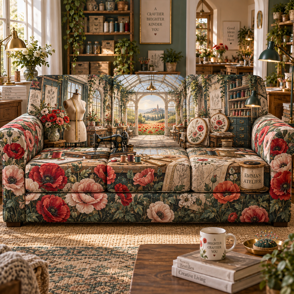 One sofa cover with a continuous poppy luminous maker atelier, ruby, coral, blush and cream blooms, vintage sewing machine, thread, scissors, pattern drawers, dress form, glass-roof studio and distant meadow.
