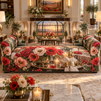 One sofa cover with a continuous poppy gracious welcome pavilion, ruby, coral, blush and cream blooms, silver serveware, champagne-brass arches, sage seating, candlelit table, glass pavilion and sunset meadow.
