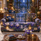One sofa cover with a continuous iris moonlit story conservatory, violet, indigo, lavender and pearl blooms, antique books, brass spectacles, lanterns, walnut shelves, sapphire seating, glass conservatory and reflecting garden.