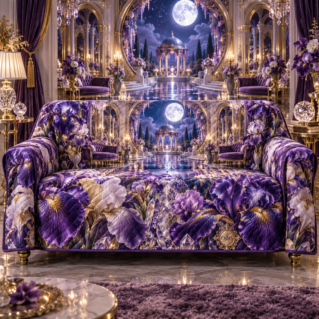 One sofa cover with a continuous iris celestial mirror palace, royal violet, amethyst, indigo and pearl blooms, faceted crystal lights, carved moon gates, mirrored arches, amethyst seating and reflecting garden.