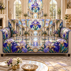 One sofa cover with a continuous iris Grand Prism Atrium, violet, cobalt and pearl blooms, peacock-teal leaves, amber-gold glass leading, limestone terraces, reflecting water and sunlit oculus.