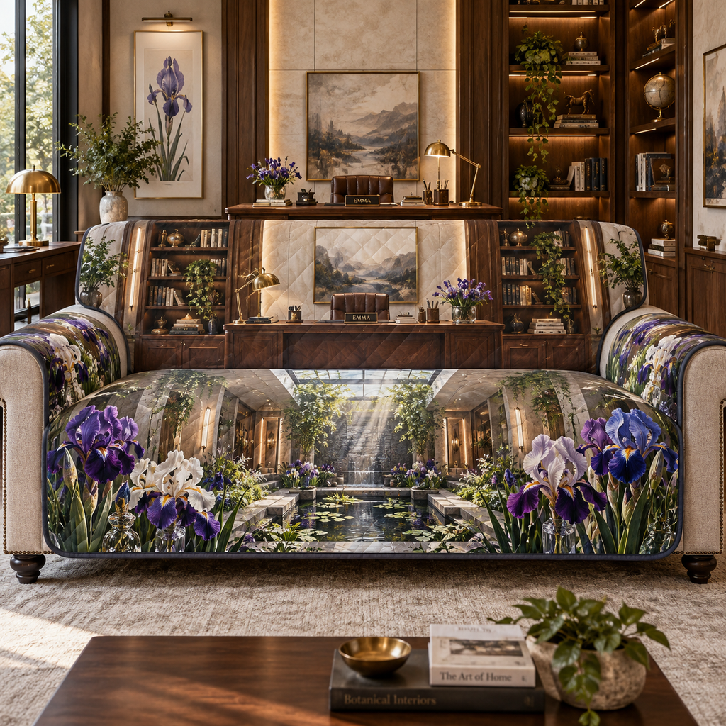 One sofa cover with a continuous iris executive lightwell studio, violet, cobalt and pearl blooms, walnut shelves, pale limestone, centered desk, brass task lamps, books, greenery and skylit garden.
