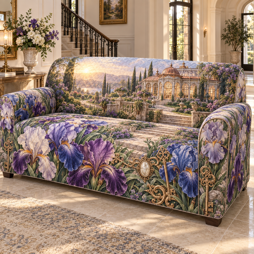 One sofa cover with a continuous iris Heirloom Keyhouse Estate, violet, cobalt and pearl blooms, antique brass keys, limestone terraces, winding path and copper-roofed conservatory home.
