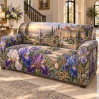 One sofa cover with a continuous iris Heirloom Keyhouse Estate, violet, cobalt and pearl blooms, antique brass keys, limestone terraces, winding path and copper-roofed conservatory home.