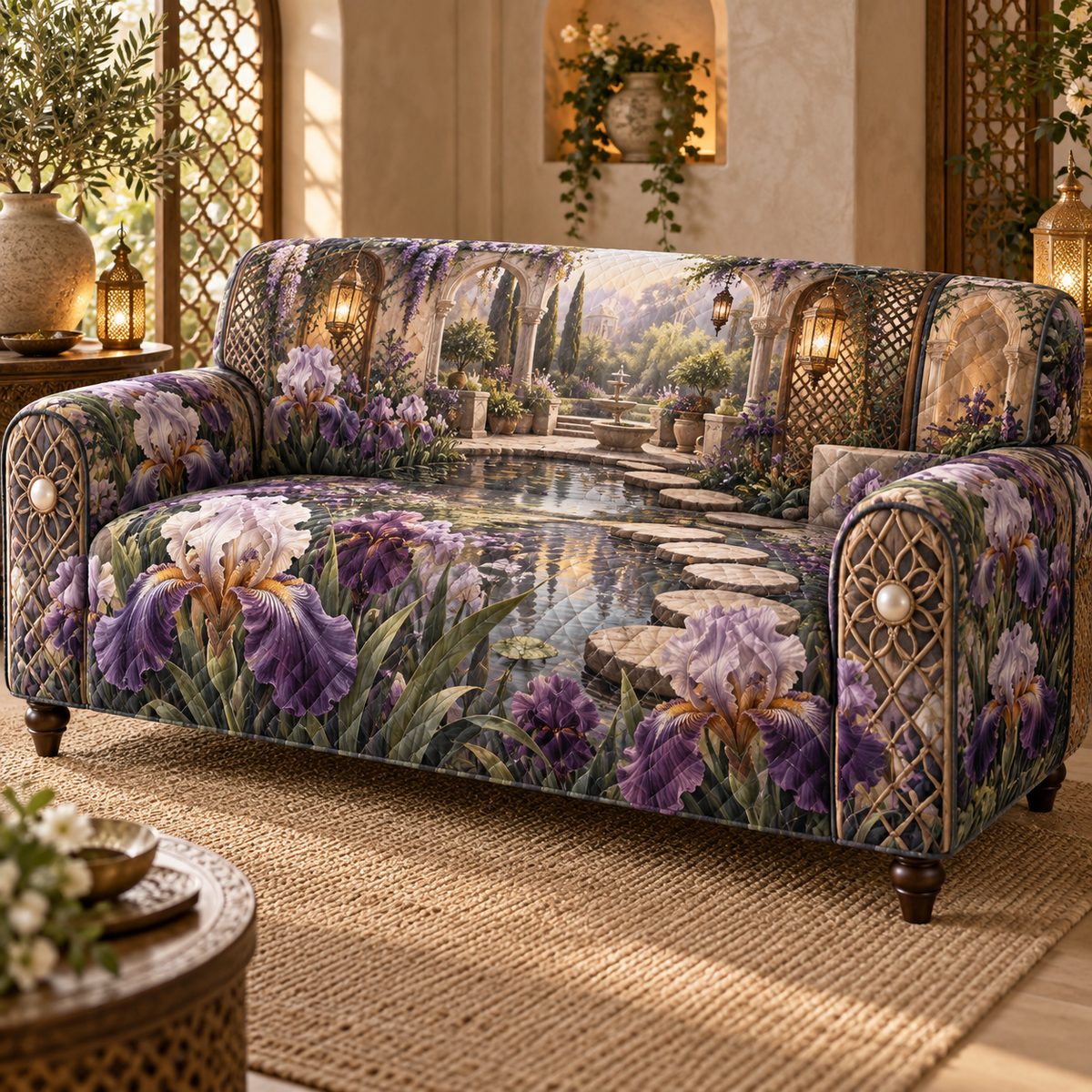 One sofa cover with a continuous iris Whisperlight Courtyard Alcove, aubergine, smoky lilac and pearl blooms, woven arches, amber lanterns, pale stone niches, stepping stones and reflecting pool.